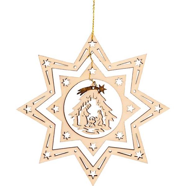 Wooden star (3 pieces) with holy family